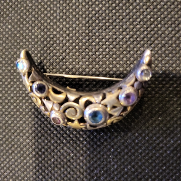 Crescent Moon & Stars Birthstone Sterling Silver Brooch - Picture 3 of 13